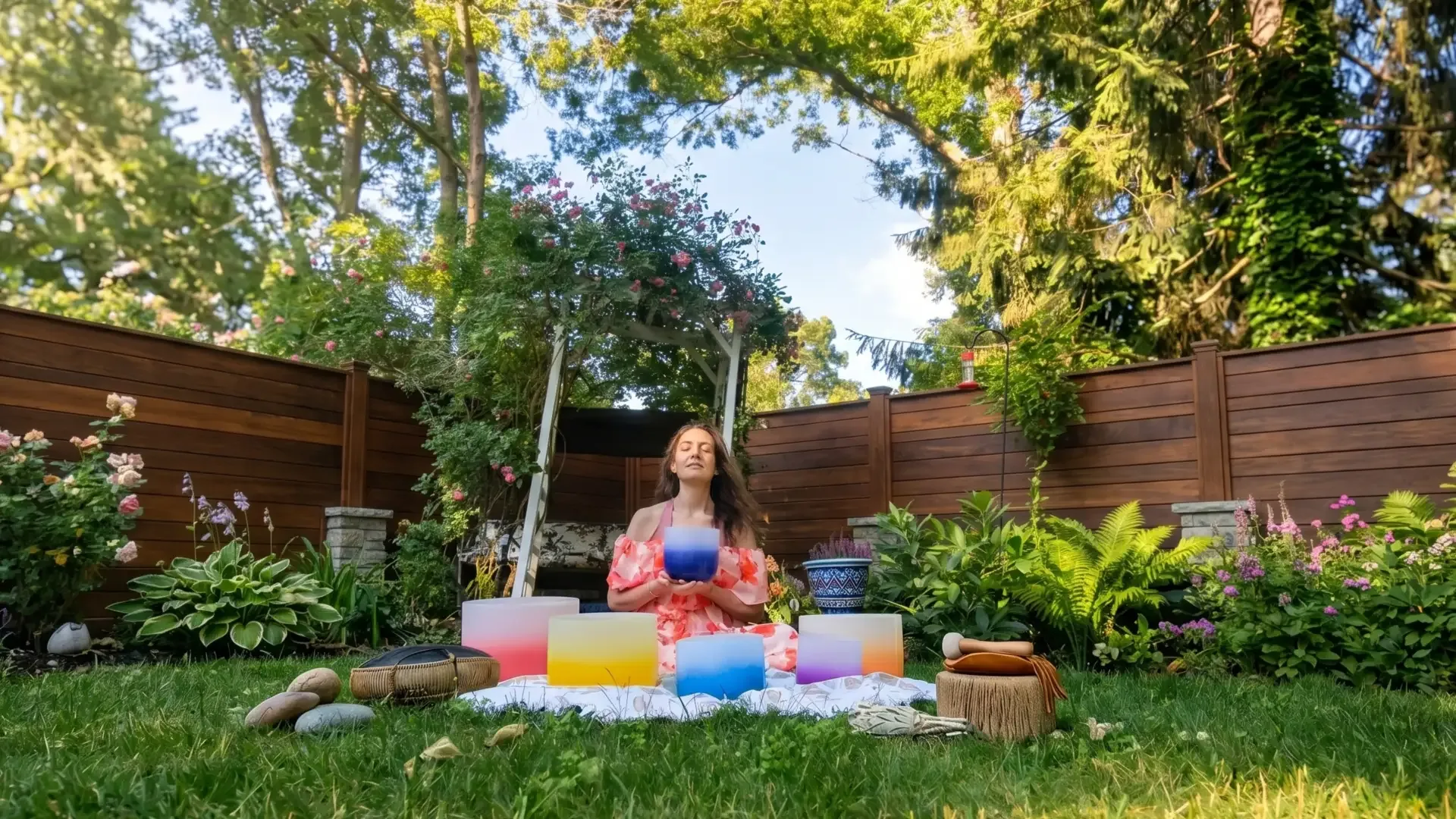 Kendra leading a sound circle with crystal singing bowls in a garden